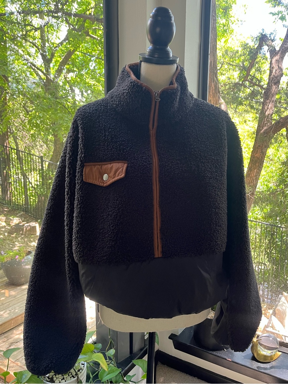 Frame Denim Black Teddy Jacket with Tan Trim